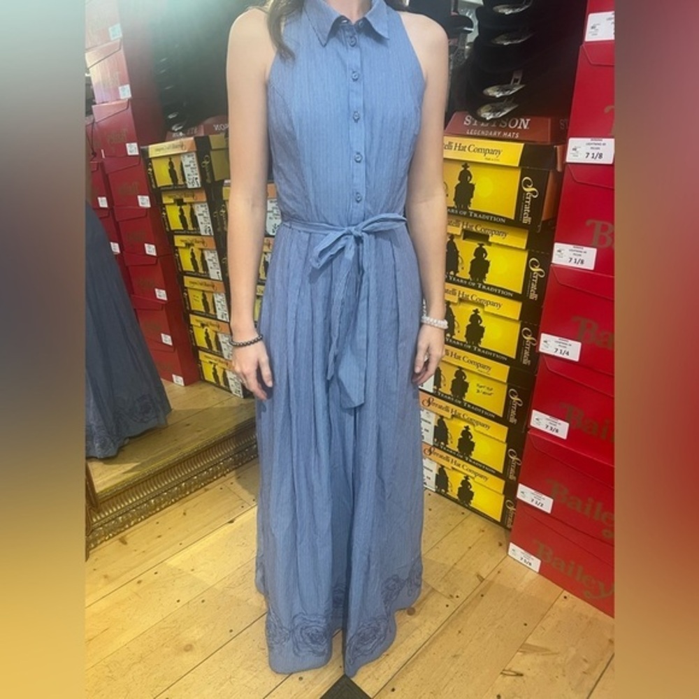 Coconinno blue striped halter button front belted maxi dress